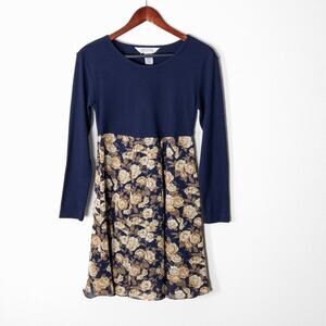 Express Women’s Vintage Dress Long Sleeve Navy Floral Two-Tone Y2K Boho Size S